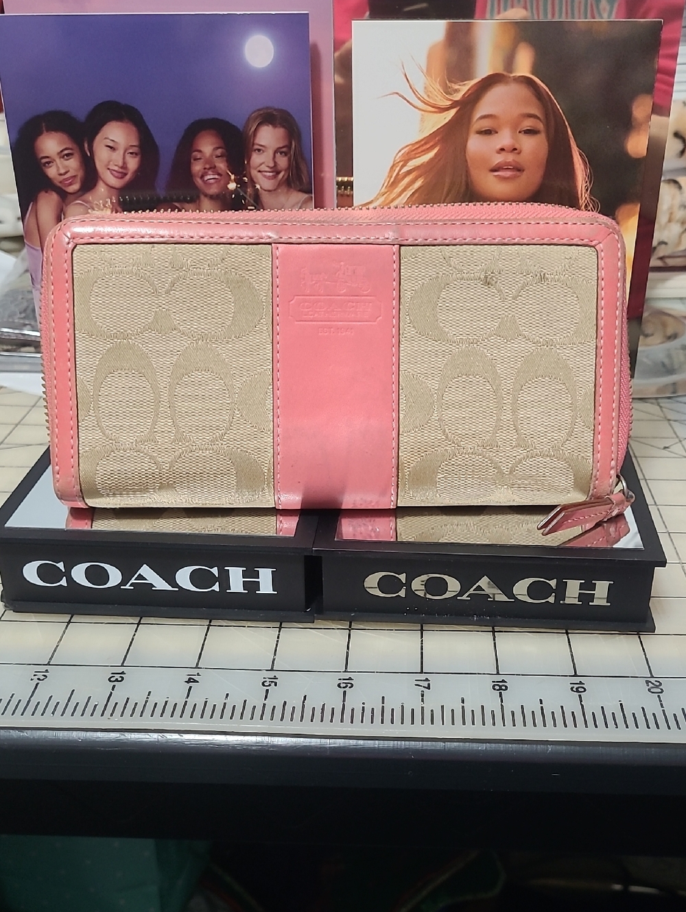 Coach Beige Signature Canvas Zip Wallet with Pink Trim